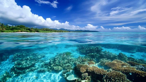 Coral reef below clear tropical lagoon and distant island.