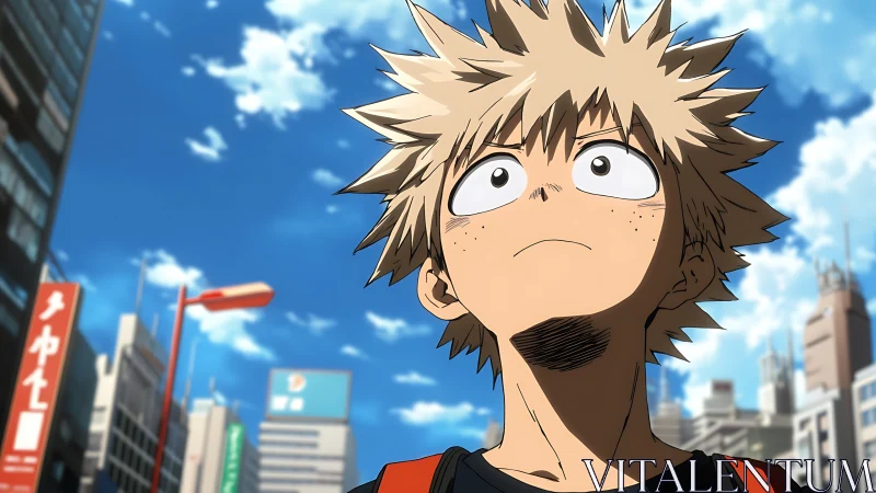 Blond anime boy in urban city street under blue daytime sky.