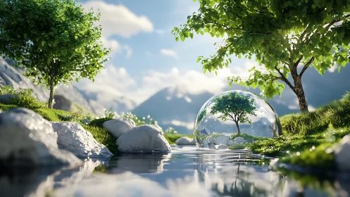 Tree inside glass sphere reflects protected mountain stream