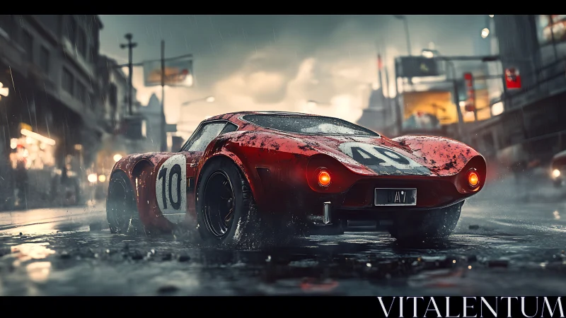 Roaring red race car glides through rain-soaked city streets