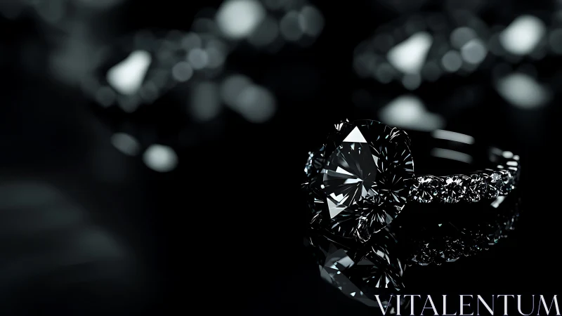 Black diamond engagement ring rests on reflective surface