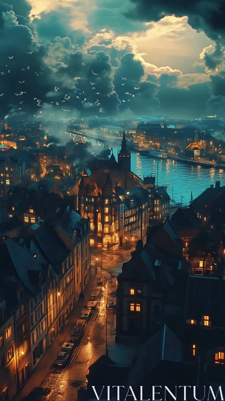 Moody riverside cityscape under stormlit teal clouds.