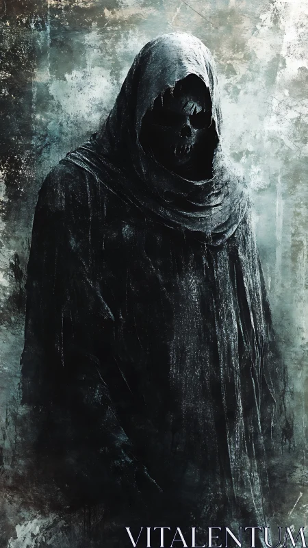 Hooded skeletal wraith portrait in distressed grunge palette