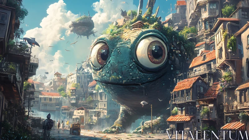 Giant whimsical turtle wanders through a floating sky city