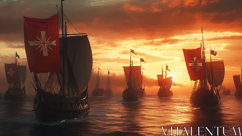 Crusader fleet under blazing sunset on reflective sea.
