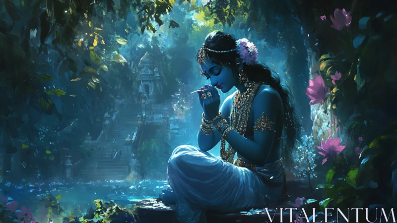 Blue-skinned deity in luminous forest shrine with atmospheric depth