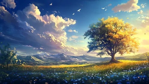 Sunlit meadow tree holding court beneath soaring clouds.