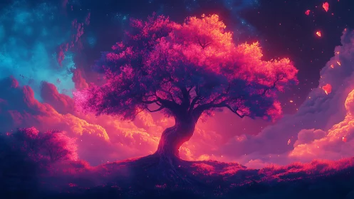 Luminous neon tree glows against surreal twilight sky