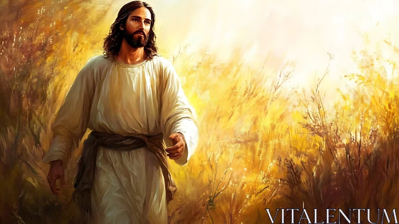 Sacred robed figure walking through golden sunlit field.