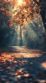 Sunlit forest path framed by golden autumn foliage.