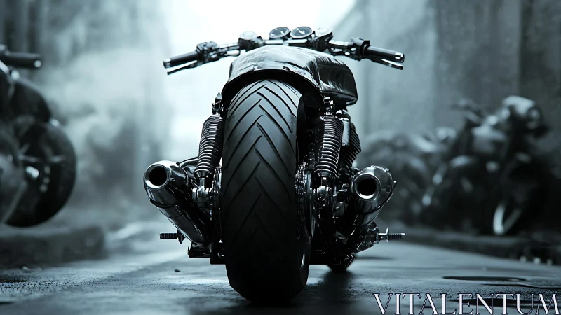 Rear macro view of custom cafe racer motorcycle chassis geometry.