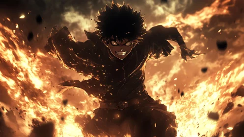 Intense anime warrior charging through roaring flames.