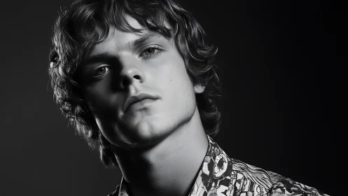 Monochrome male portrait with high-contrast studio lighting.
