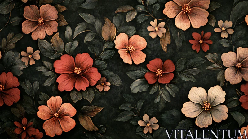 Botanical Floral Pattern: Red and Coral Blossoms on Dark Ground.