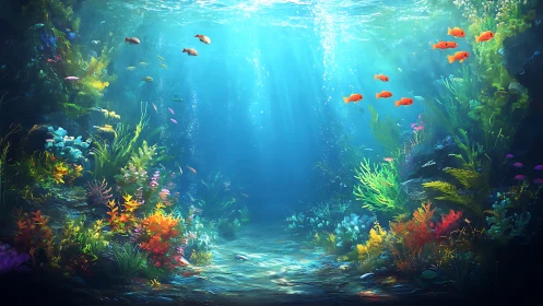 Sunlit coral reef with small fish in clear blue seawater.