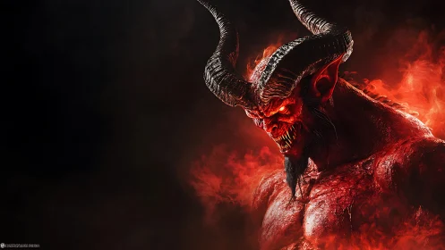 Horned demon emerges from searing flames in dramatic profile
