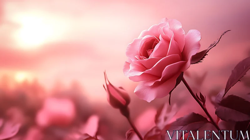 Pink rose specimen photographed against soft-focused floral background with atmospheric lighting