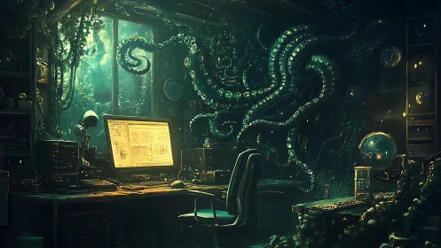 Digital painting of bio-luminescent tentacles in overgrown lab interior.