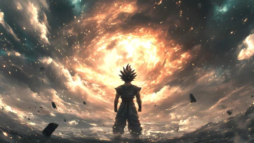 Cosmic warrior silhouetted before swirling stellar vortex.