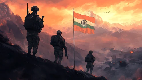 Indian mountain combat patrol under tricolour at dusk panorama.