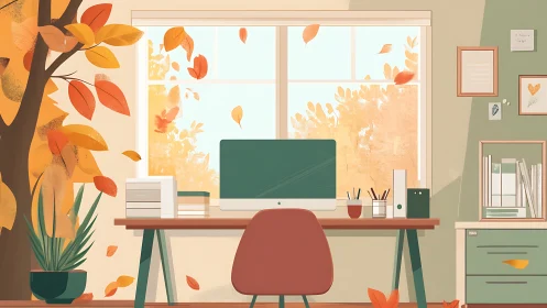 Illustrated home workspace with computer and autumn window view.