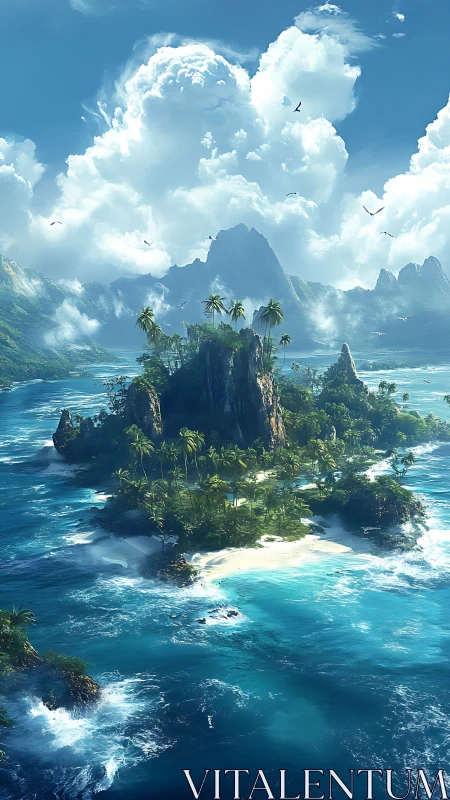 Tropical Island Paradise. Lush palms crown volcanic rock amid azure waters.