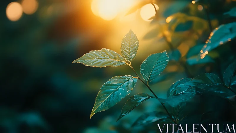 Dewy green leaves in sunlight, tranquil nature close-up photo.