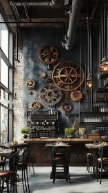 Industrial caf&eacute; interior shows gear wall and espresso bar