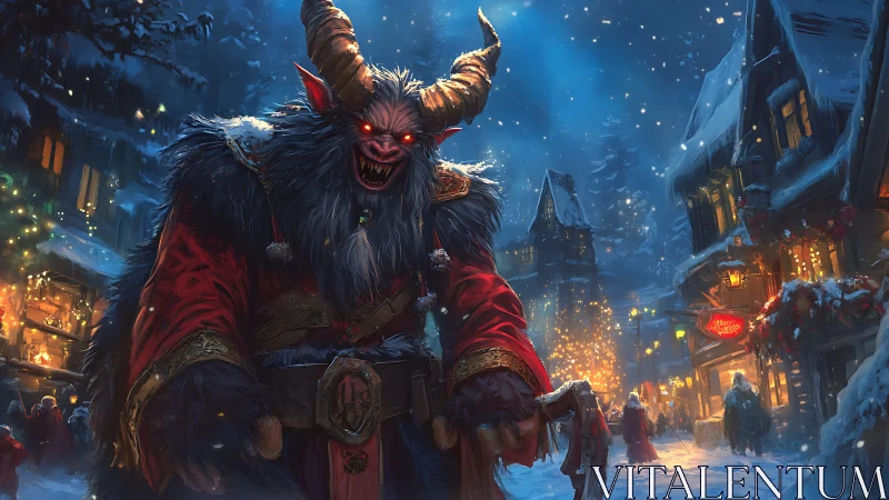 Horned Krampus demon in snowy medieval Christmas village