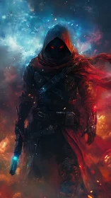 Hooded plasma gunner strides through dual-flame nebula.