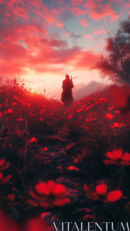 Lone traveler walks a glowing path through scarlet flowers.