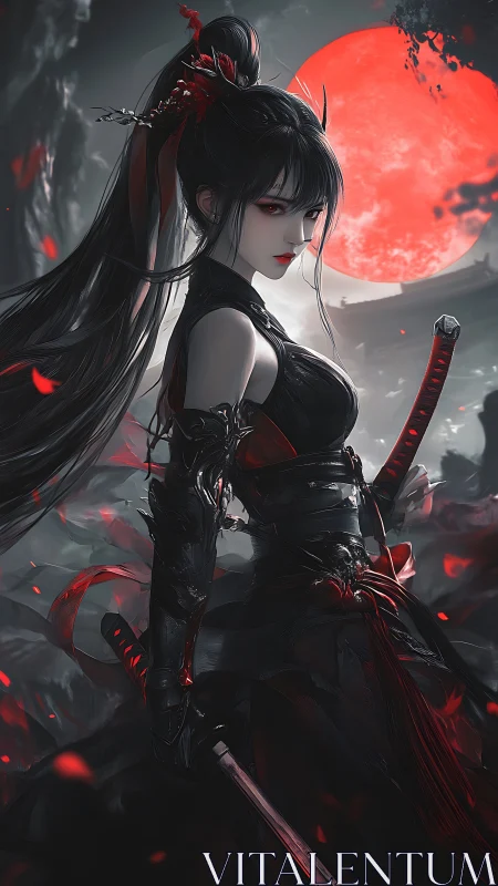 Digital painting of crimson moonlit katana assassin portrait.