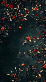 Crimson Roses and Foliage on Deep Teal Textured Surface with Ambient Sparkle