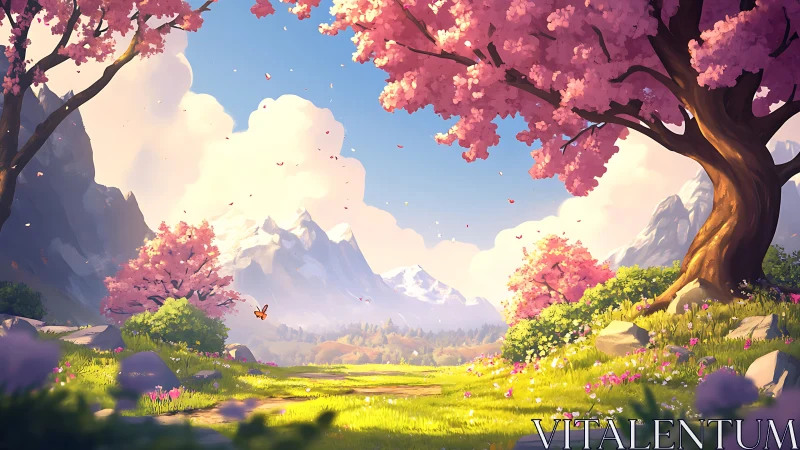 Spring valley path under cherry blossom canopy, alpine light