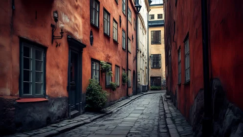 Sunlit cobblestone alleyway between warmly aged homes.