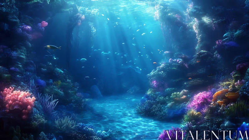 Sunlit coral canyon where underwater colors learn to sing.