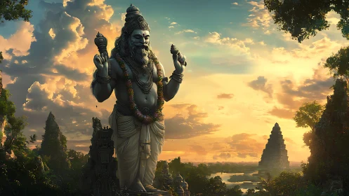 Colossal Hindu deity statue rises over lush temple valley at dusk