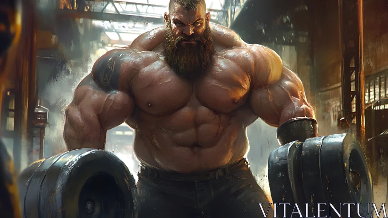 Hyper-muscular bearded strongman in industrial weight bay.