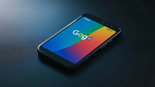 Smartphone displaying Google's multicolored logo gradient interface.
