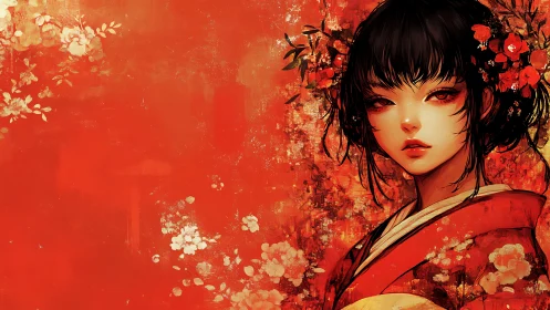 Crimson kimono muse gazes through blossoms and painted fire.