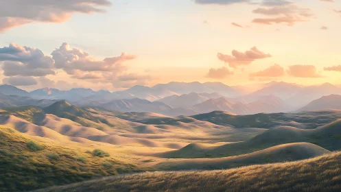 Digital landscape of sunlit dunes and layered mountainscape.