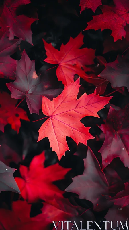 Scarlet maple leaves glow against deep shadowed foliage.