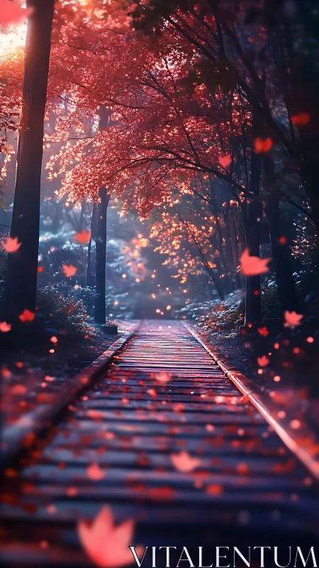 Forest path under red autumn trees with falling leaves.