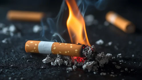 Burning cigarette butt lies in ashes with bright orange flame