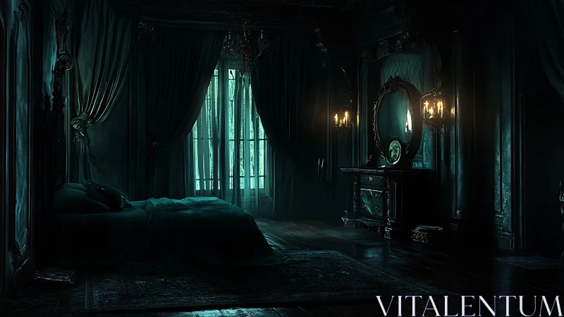 Dark Victorian bedroom interior shows dim candle lighting