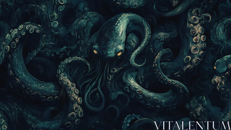 Midnight abyss kraken coils through ink-dark ocean dreams.