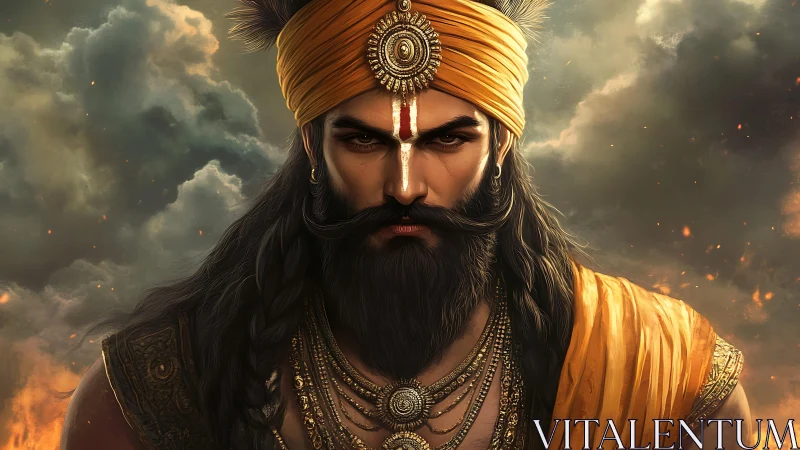 Warrior mystic portrait under stormy dramatic sky.