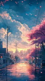 Cherry blossom city street under glowing sunset sky.
