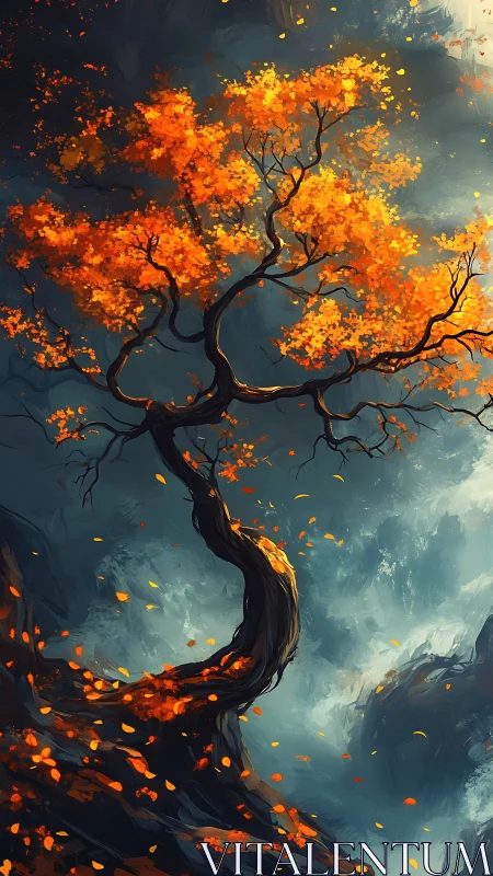 Stormlit ember tree bends skyward in a swirling autumn gale