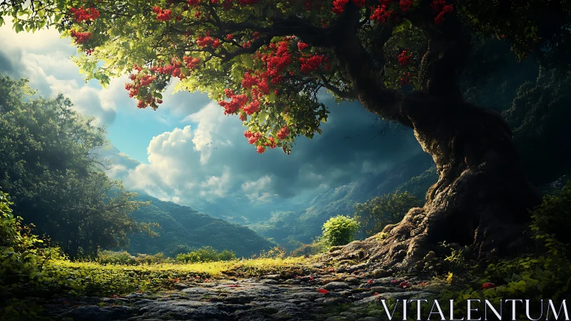Digital painting of ancient red-blossomed tree in misty valley.